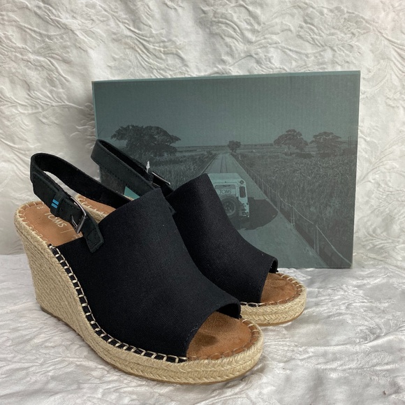 NWT TOMS Monica Black Espadrille Wedge Slingback - Picture 1 of 4